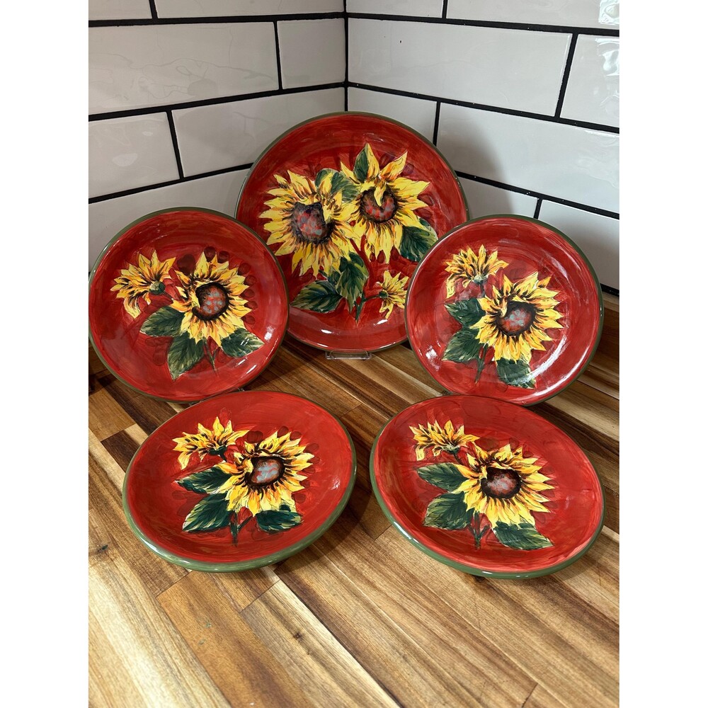 Vivid Sunflower on Autumn Red Plates-One Dinner Plate  Four Salad Dessert Plates
